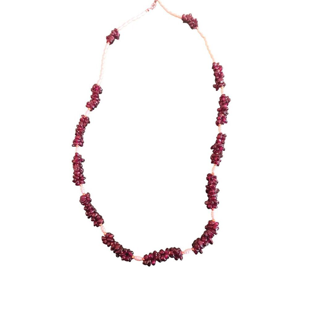 Vintage Garnet Stones Freshwater Pearls Necklace 16” Look at all Photos
